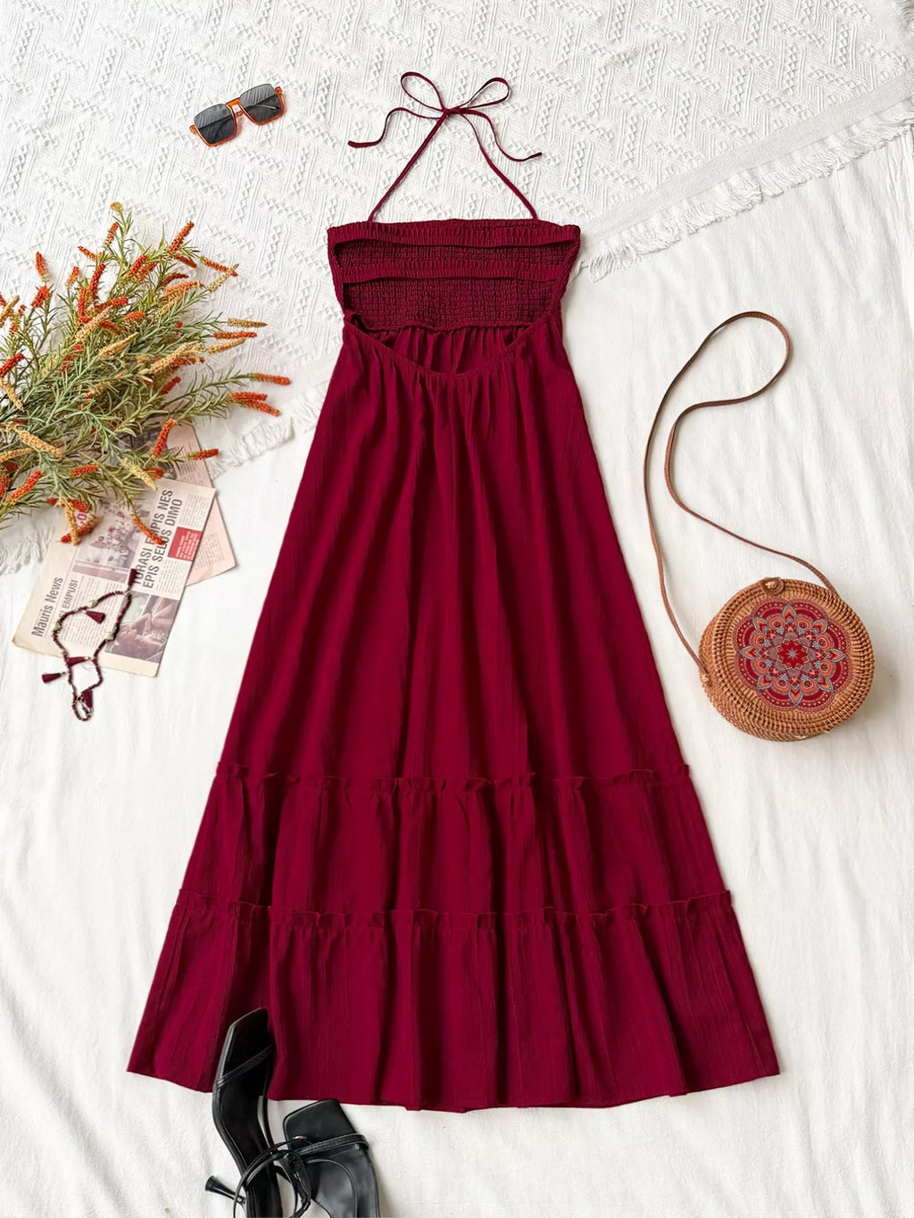 women's sweetheart neck halter neck tiered dress - lifestyle shot