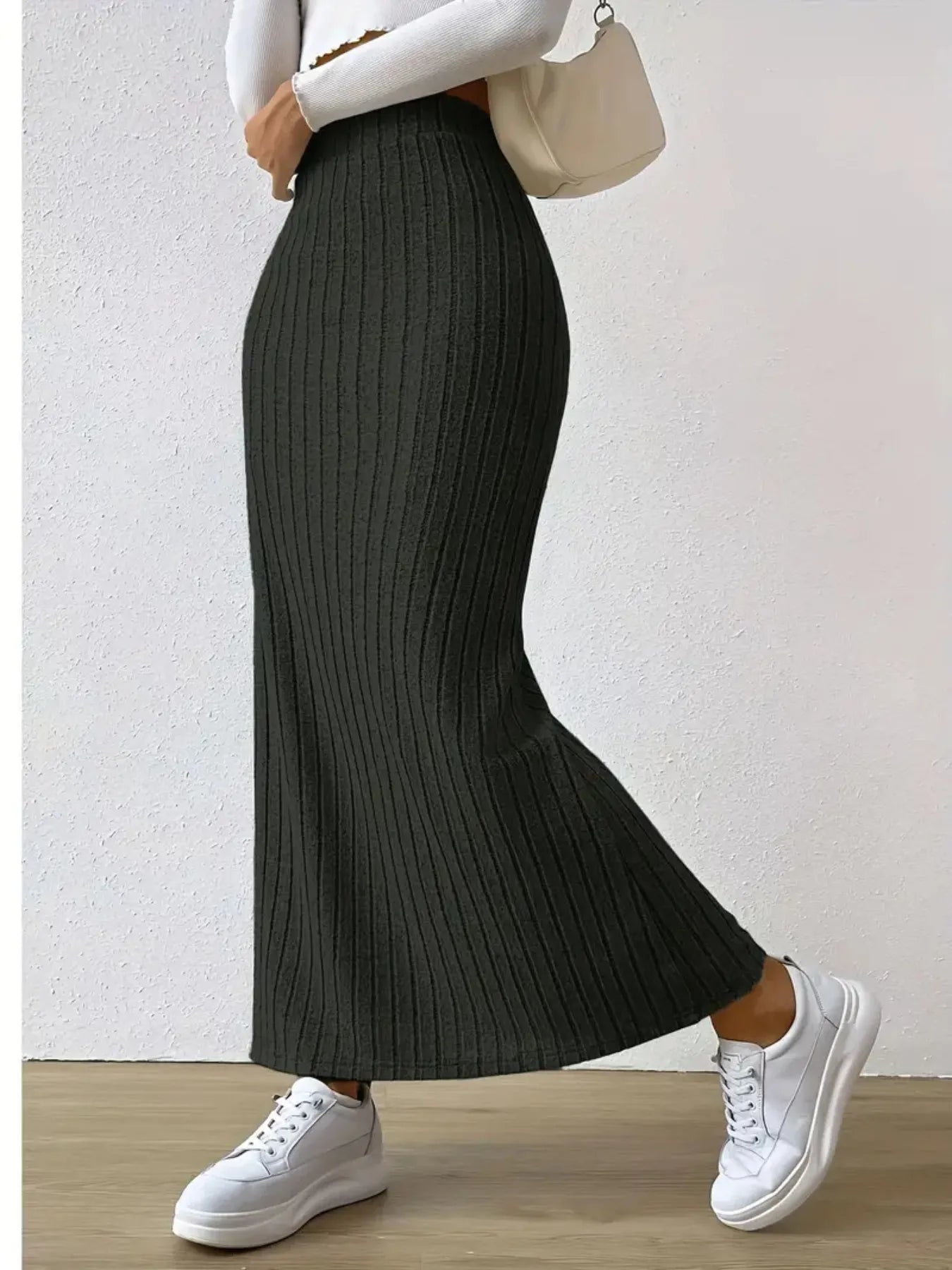 High Waist Ribbed Knit Maxi Skirt Black