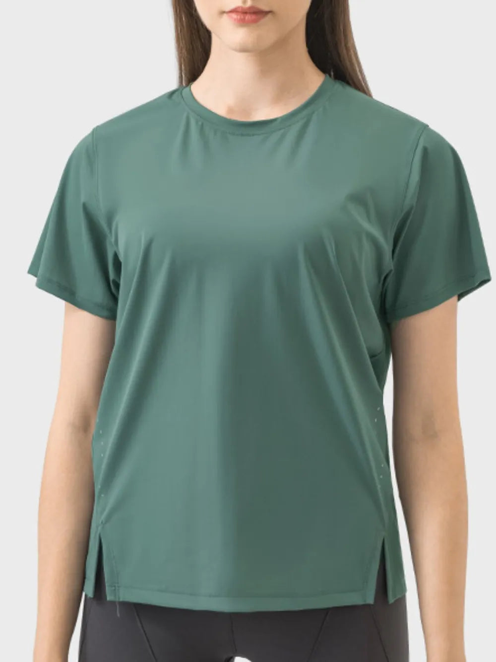 women's millennia slit round neck short sleeve active t-shirt - product showcase