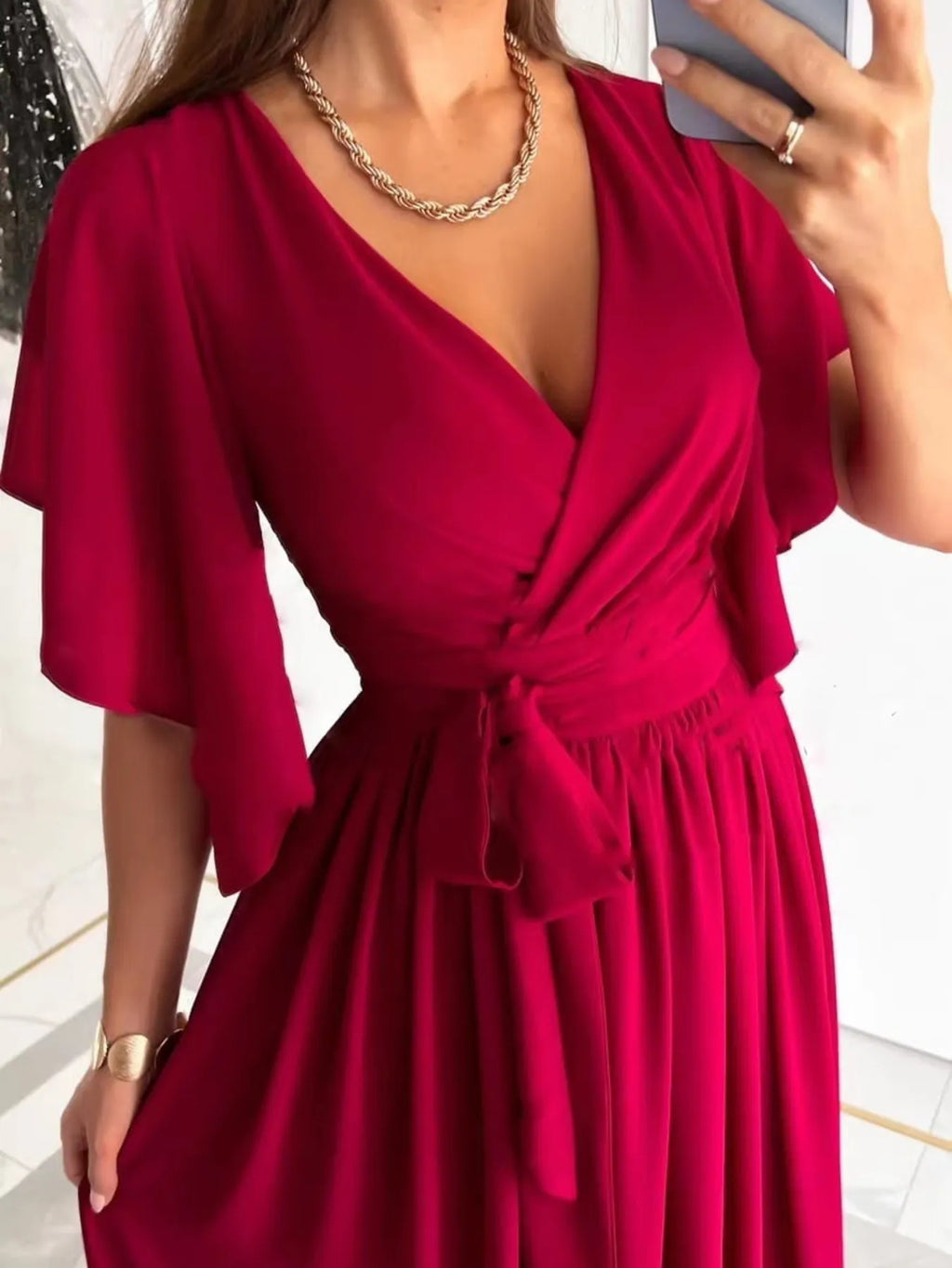 Flutter Sleeve Surplice Tie Waist Dress