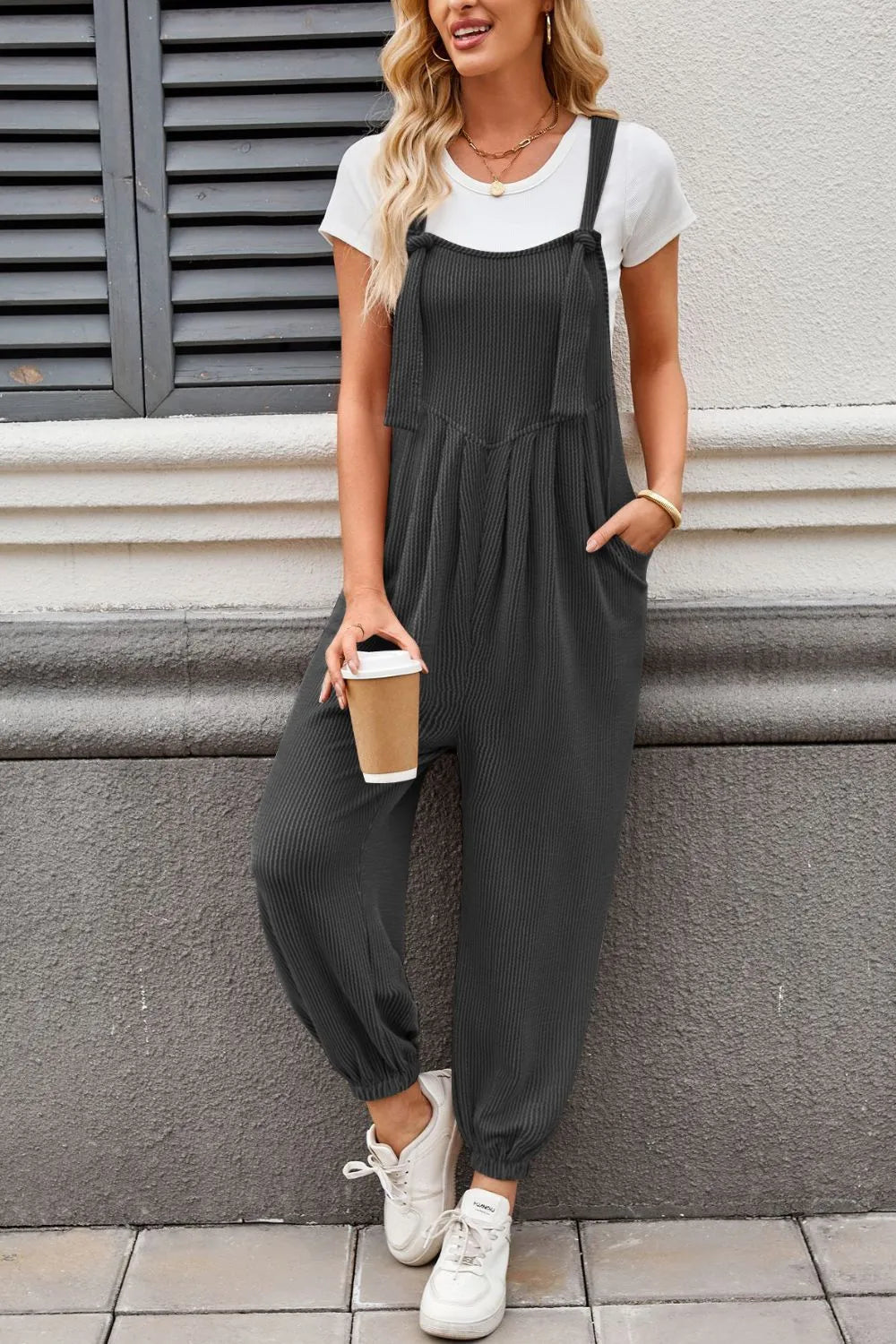 Lovelet Knotted Strap Overalls with Pockets Dark Gray