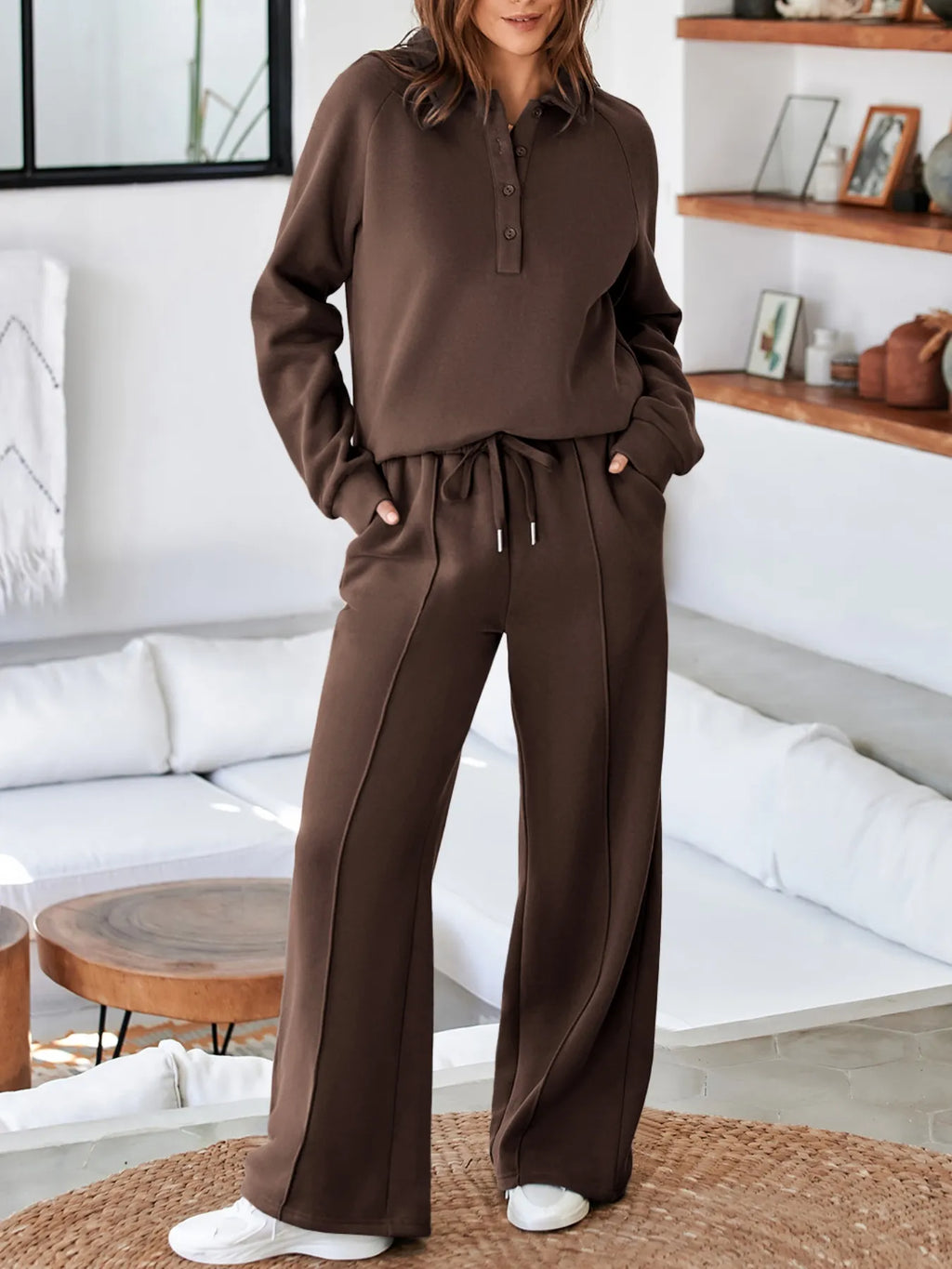 women's collared sweatshirt and high waist pants active set - styling option