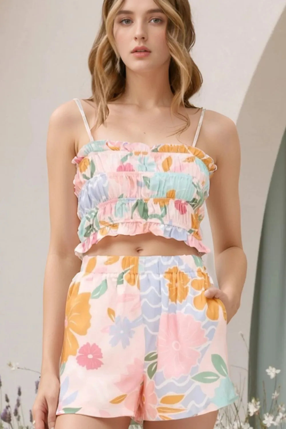 Print Ruffle Trim Cami Top and Shorts Set Floral