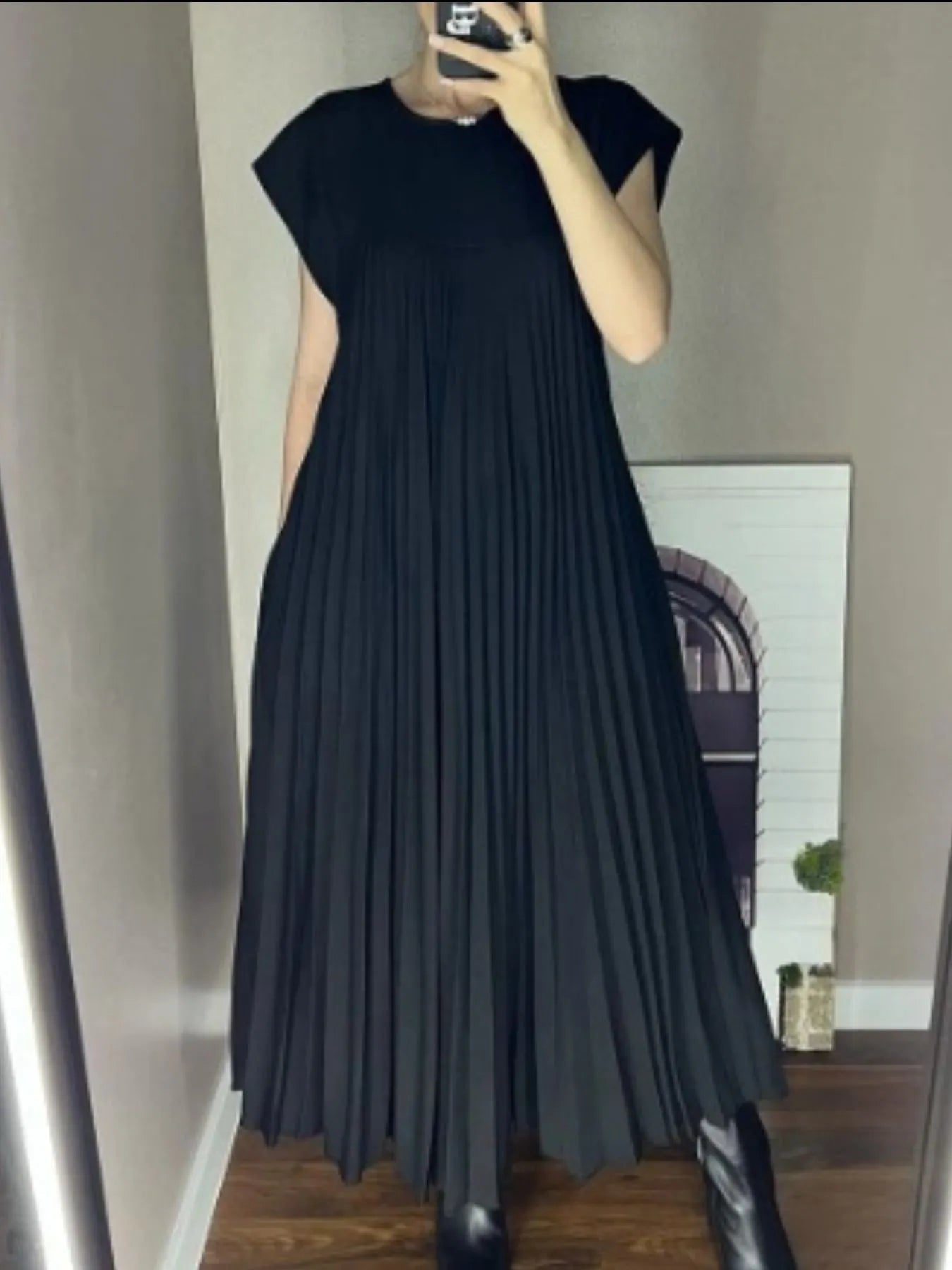 Full Size Pleated Round Neck Maxi Dress Plus Size Black