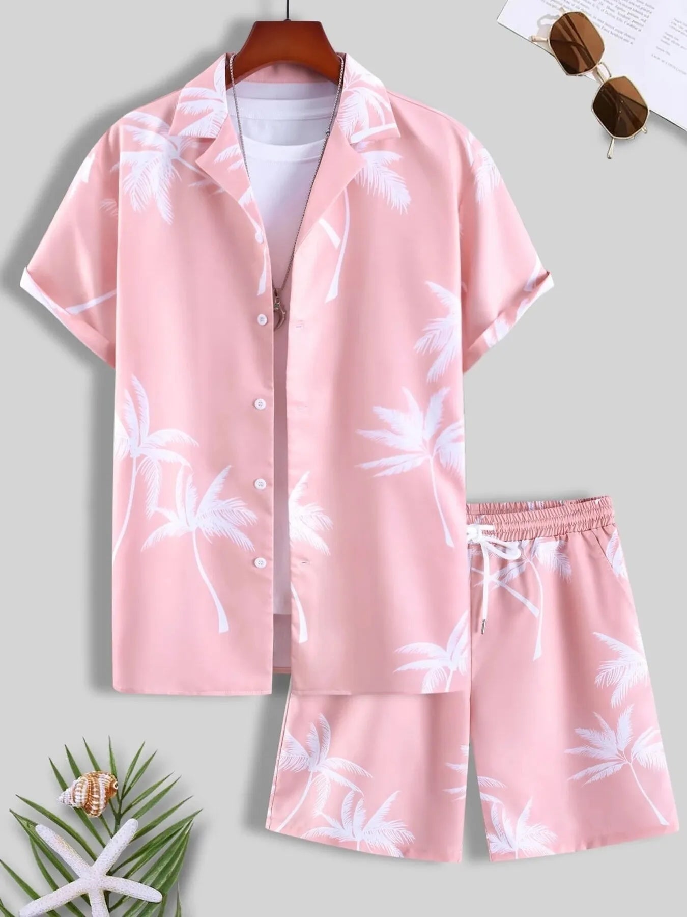 men's men's full size palm print button up shirt and shorts set plus size - additional image