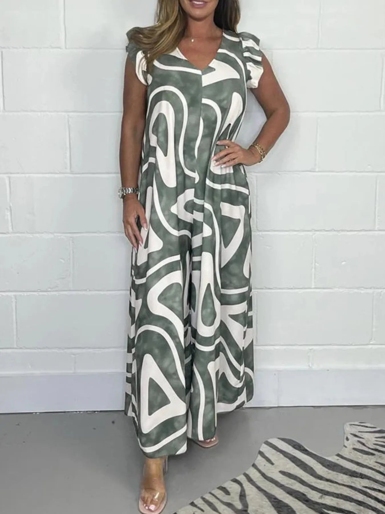 Full Size Printed Wide-Leg Jumpsuit with Flutter Sleeves Plus Size Green