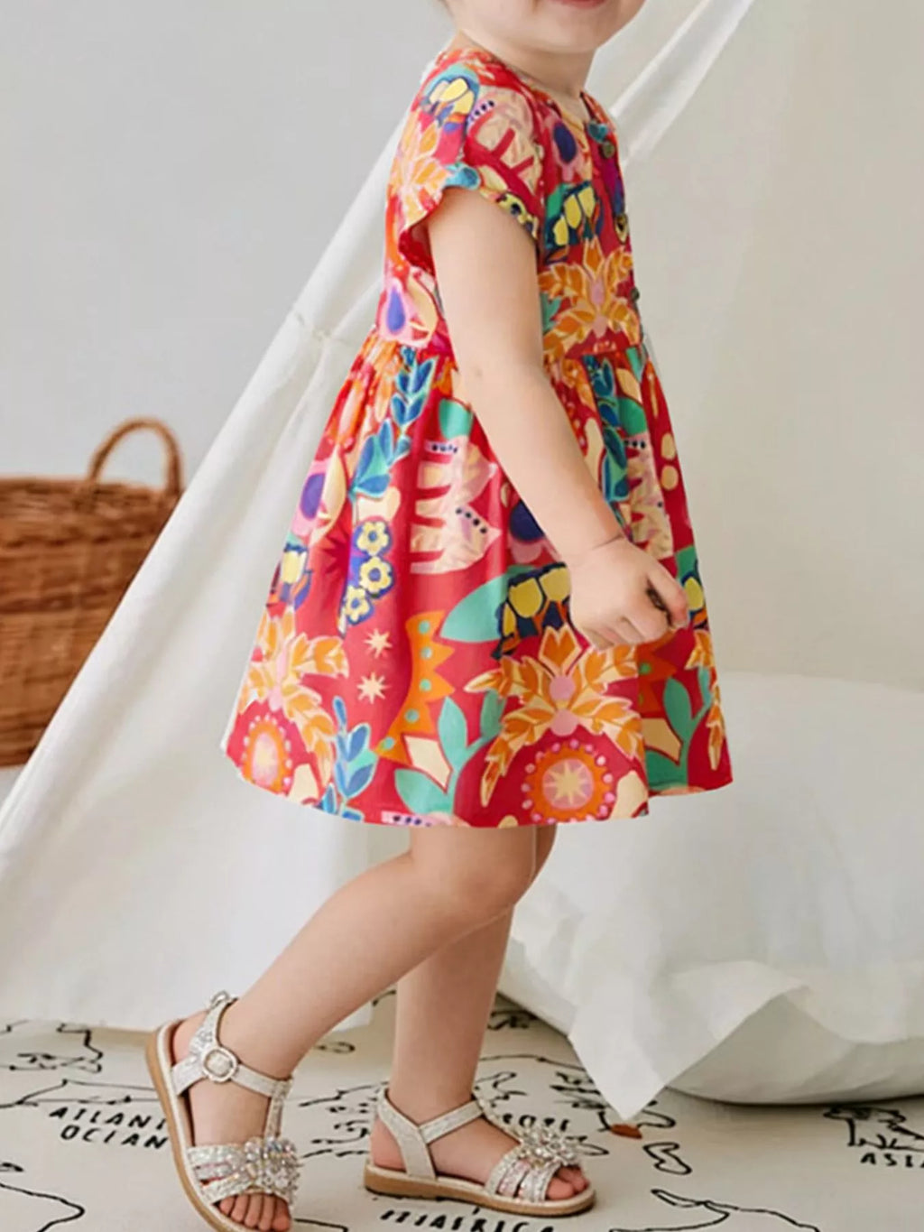 women's children's floral print button detail casual dress - styled view