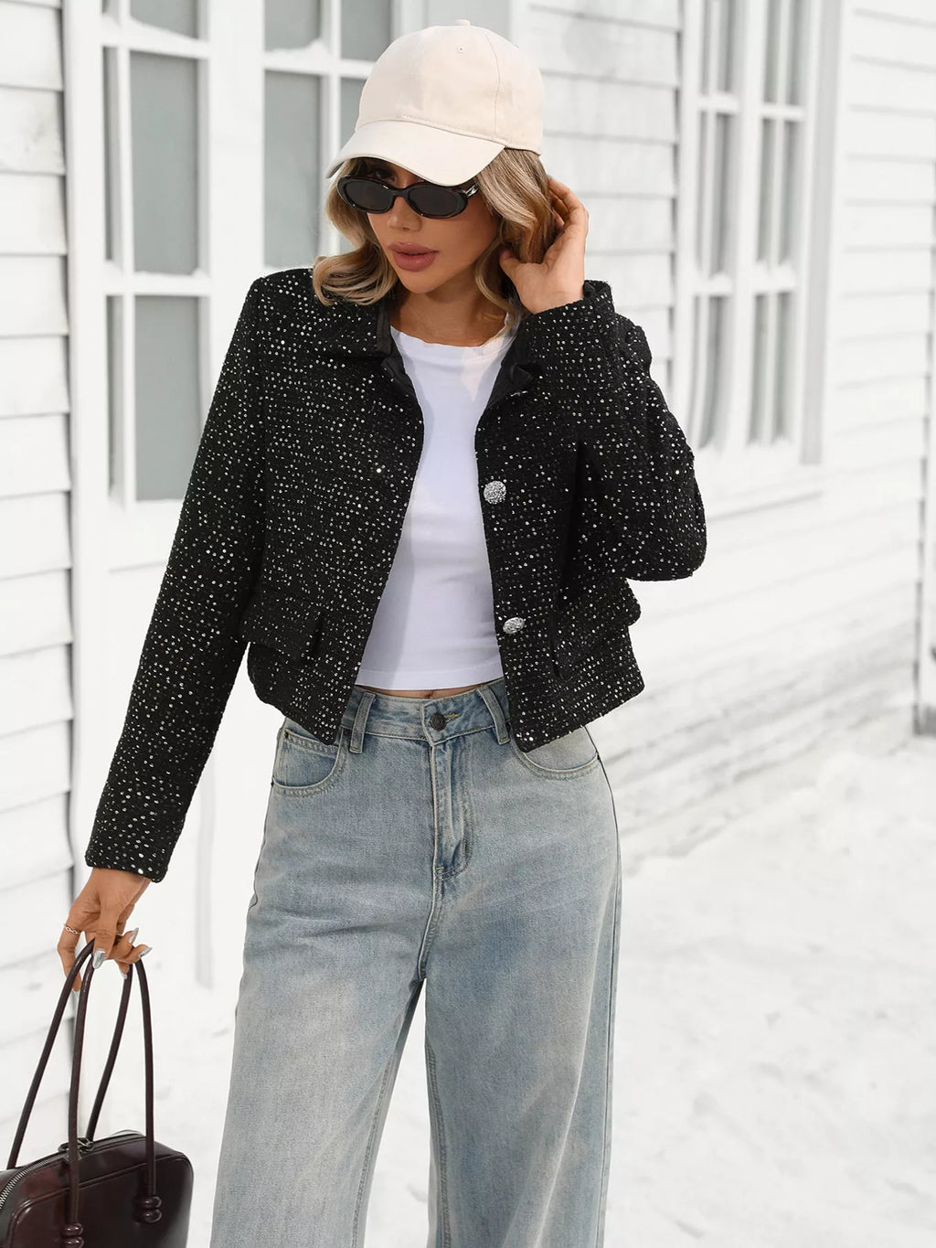 women's tweed button up cropped jacket - back view