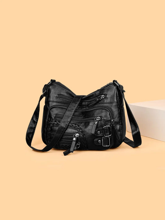 Multi Pockets PU Leather Shoulder Bag Black One Size
