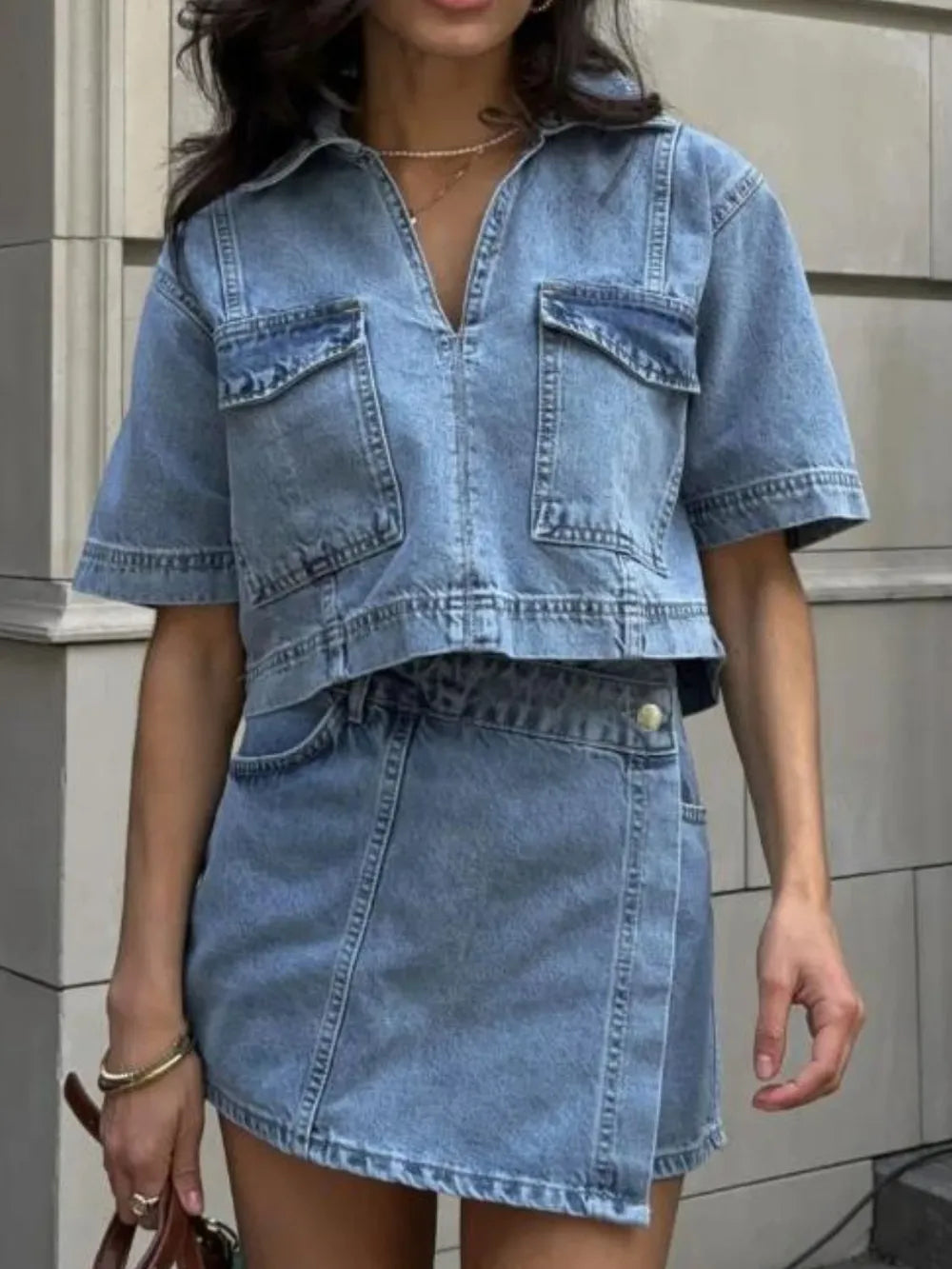 Johnny Collar Short Sleeve Top and Skort Denim Set Light Blue