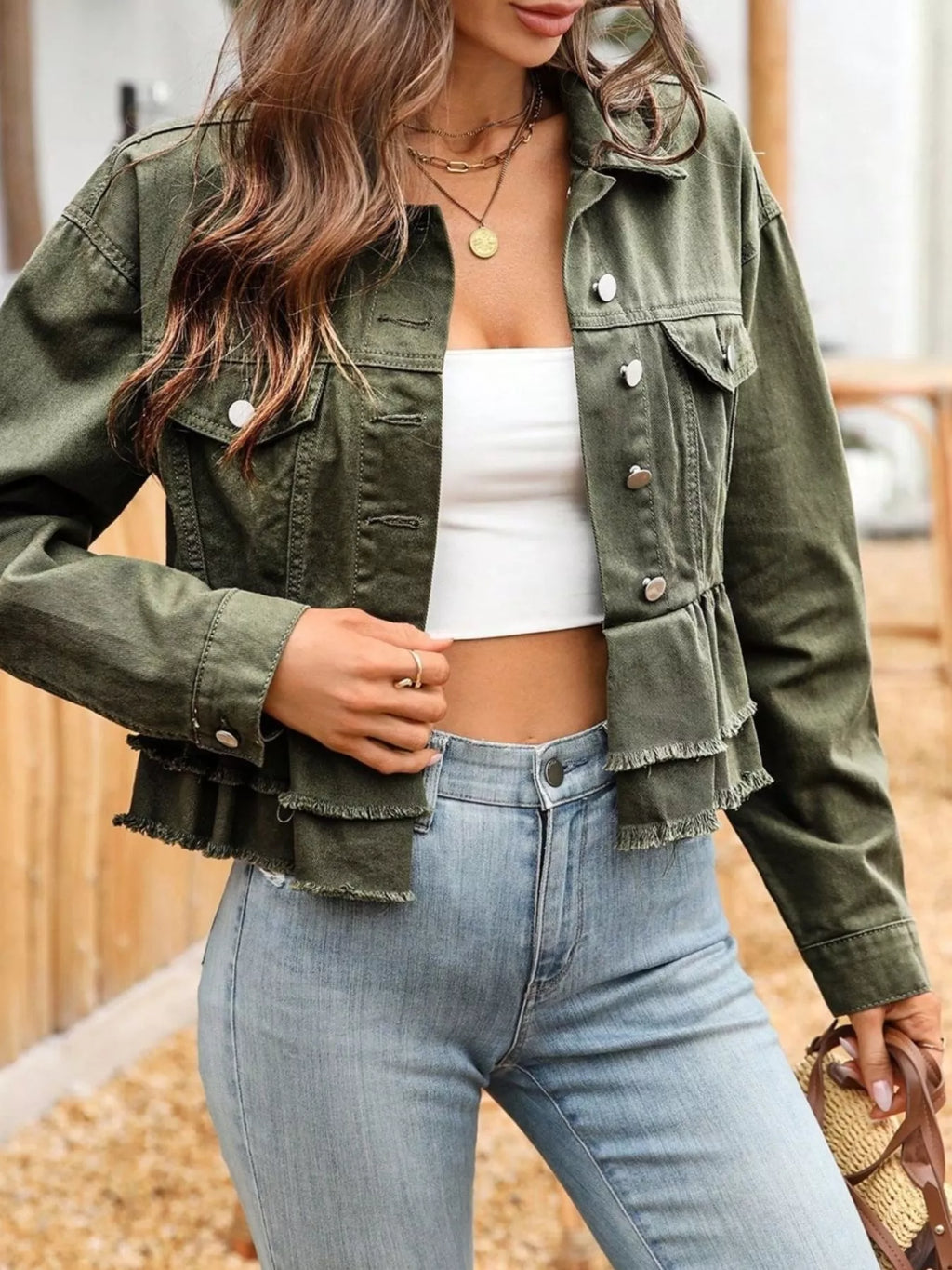women's ruffle raw hem denim jacket - second view