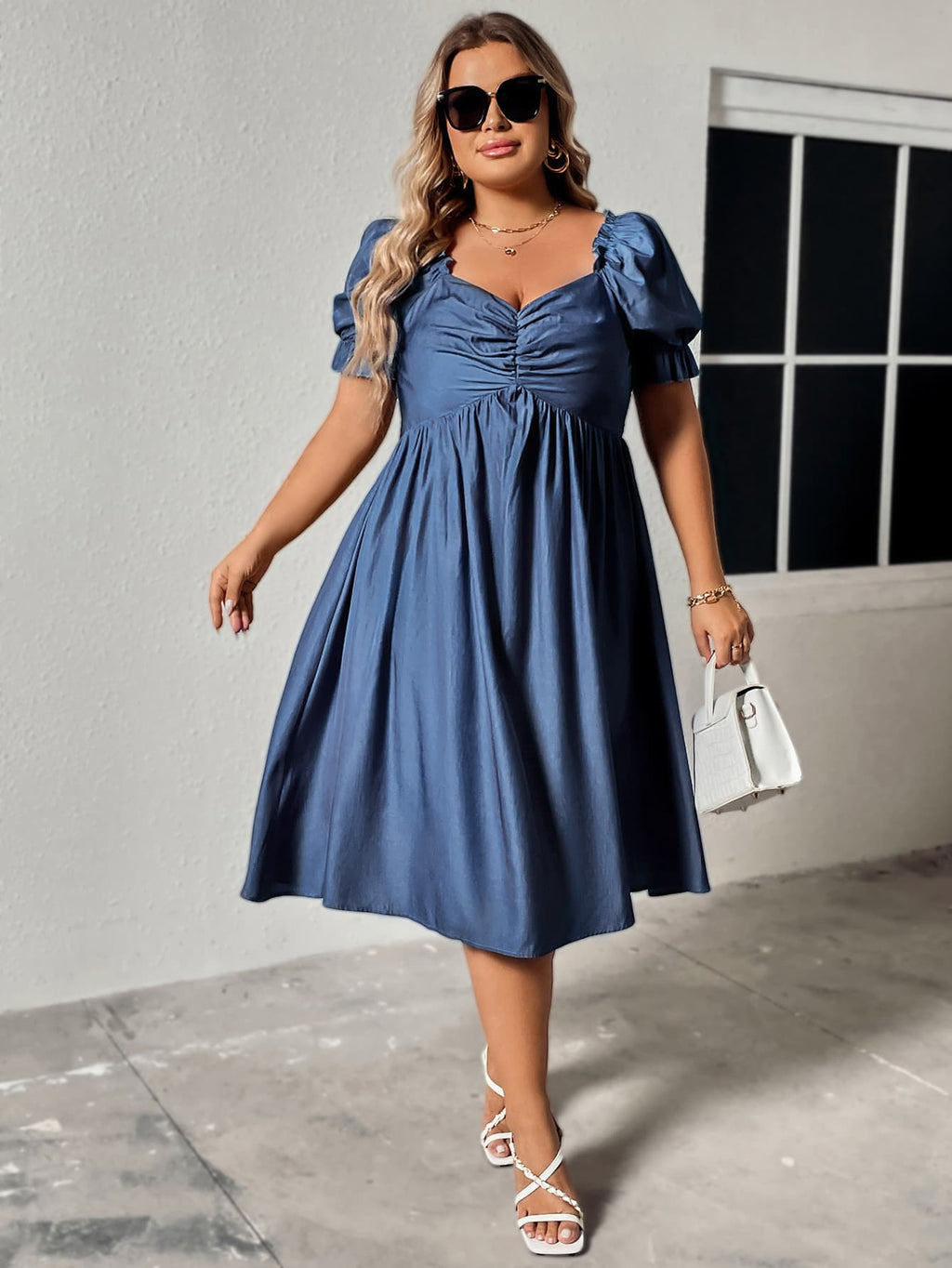 Honey Plus Size Ruched Sweetheart Neck Dress Blue