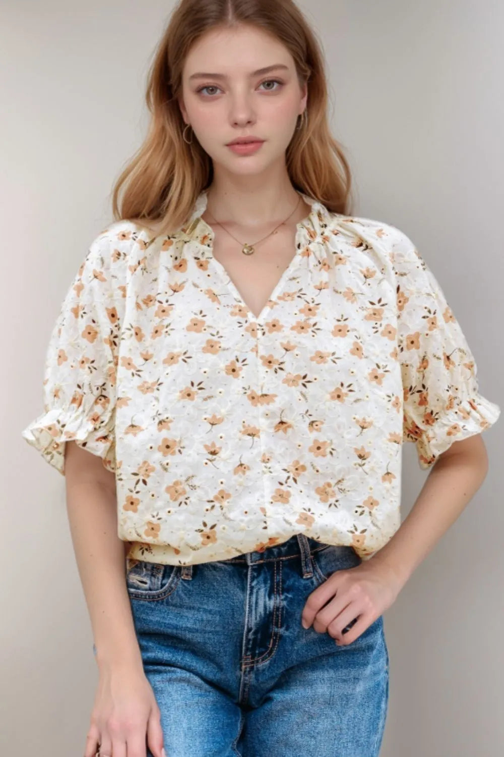 Frill Printed Notched Short Sleeve Blouse