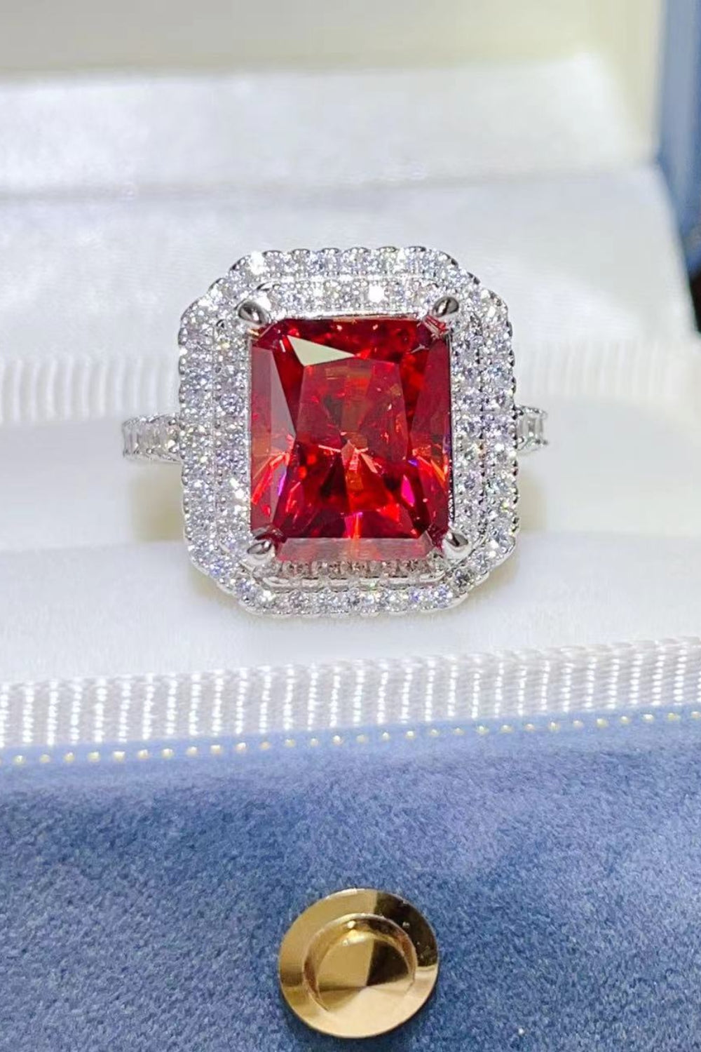 miners cut ring halo setting ring 2 Carat Moissanite Ring for those special Moments to Cherish in Scarlet, size 9, 5, 6, 7, 8, shown in angled view highlighting gemstone detail