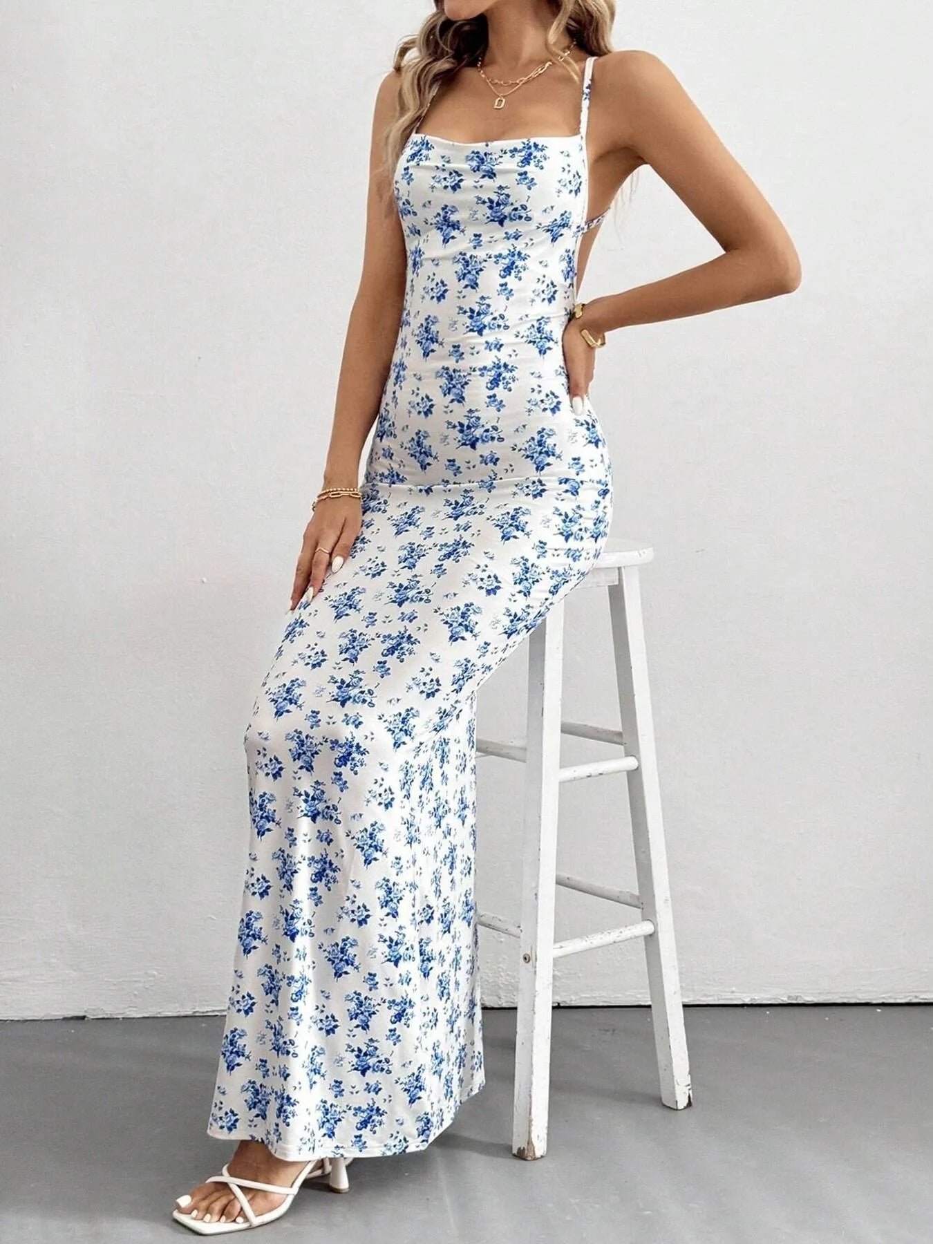 Crisscross Back Floral Print Bodycon Maxi Dress