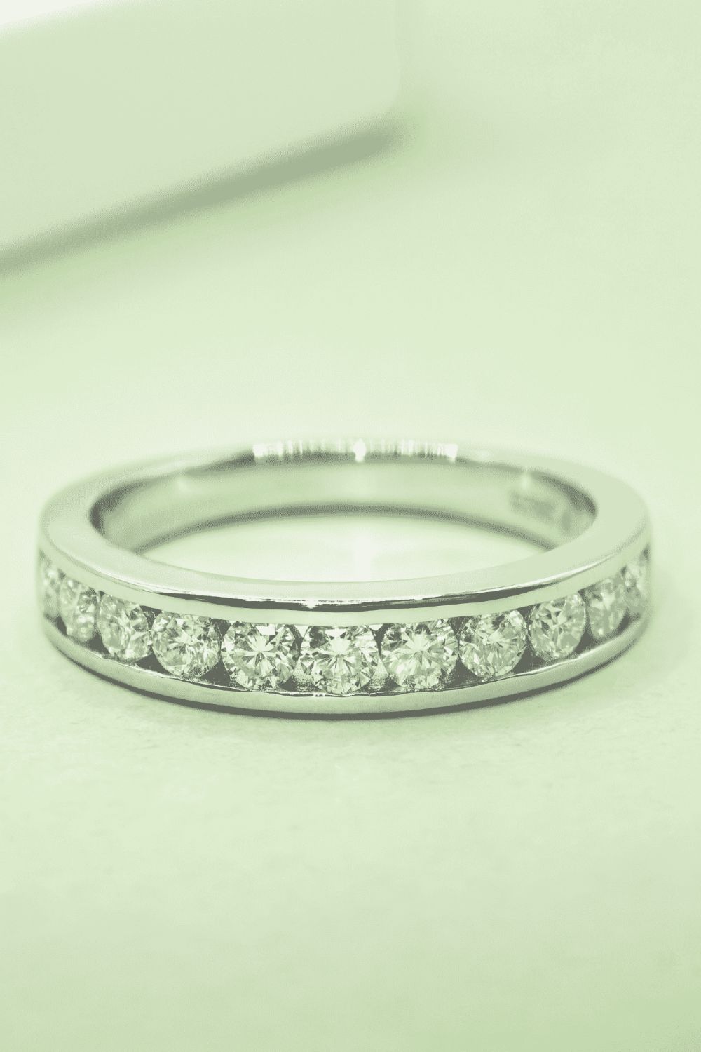 old cut moissanite wedding band Moissanite 925 Sterling Silver Ring in Silver, size 7, 8, 9, 10, 5, 6, shown in side perspective highlighting gemstone detail