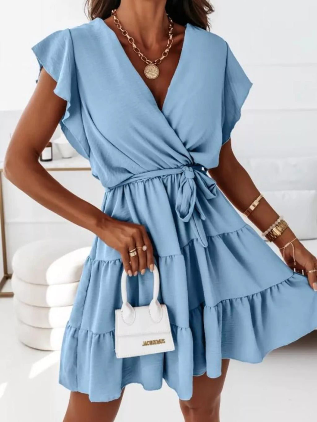 women's ruffle sleeve tie waist tiered mini dress - main product image