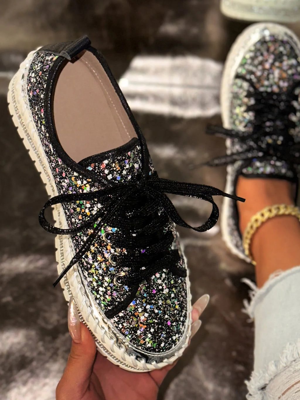 women's lace up round toe platform sneakers - front view