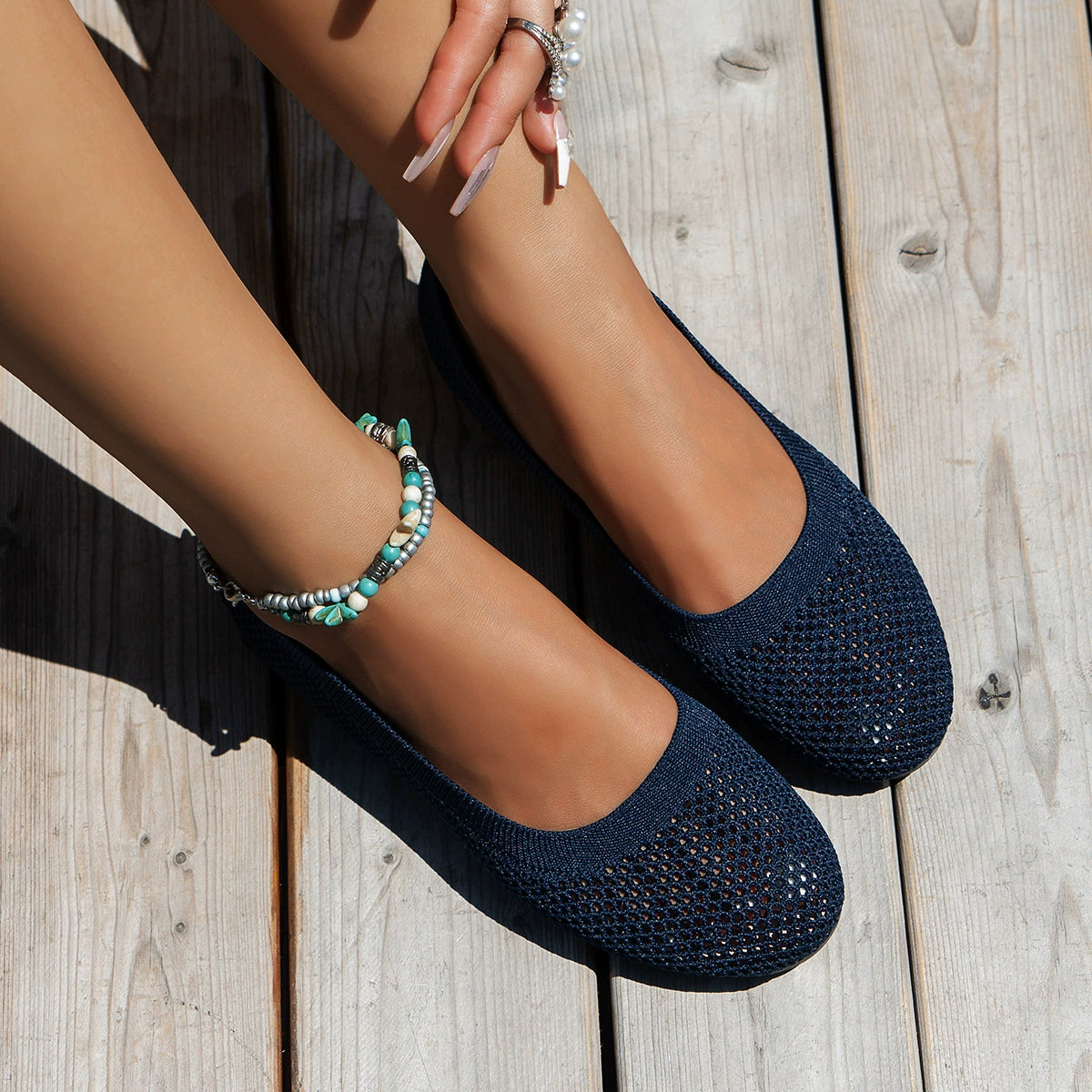 Solid Color Mesh Flat Slip-Ons Indigo