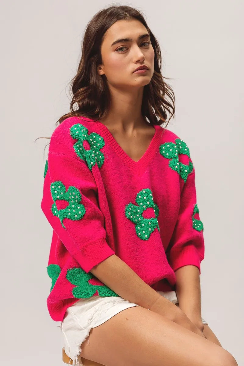 bibi pearl beads flowers sweater top shown as women’s sweater