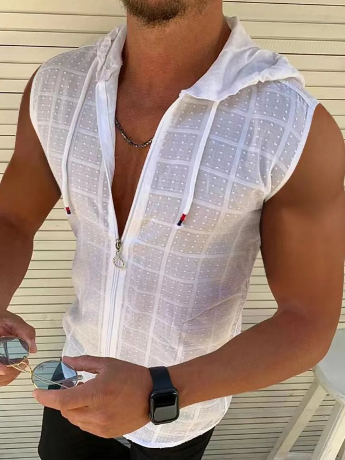 Men's Full Size Zip Up Sleeveless Hooded Top Plus Size White