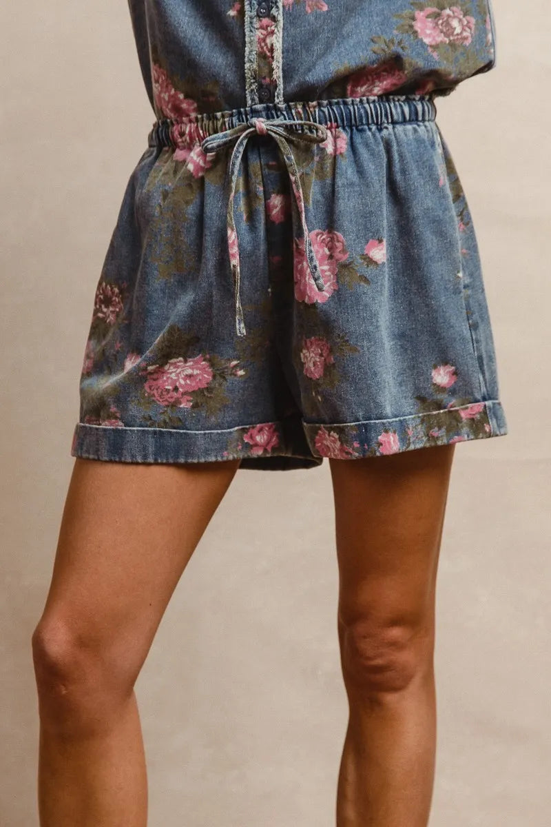 bibi floral printed denim short pants with pocket shown as women’s outerwear