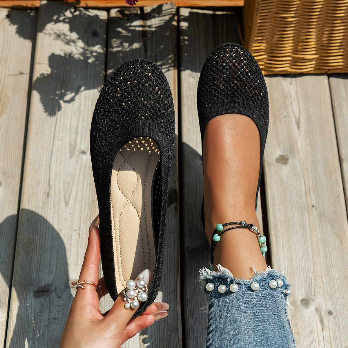 Solid Color Mesh Flat Slip-Ons Black