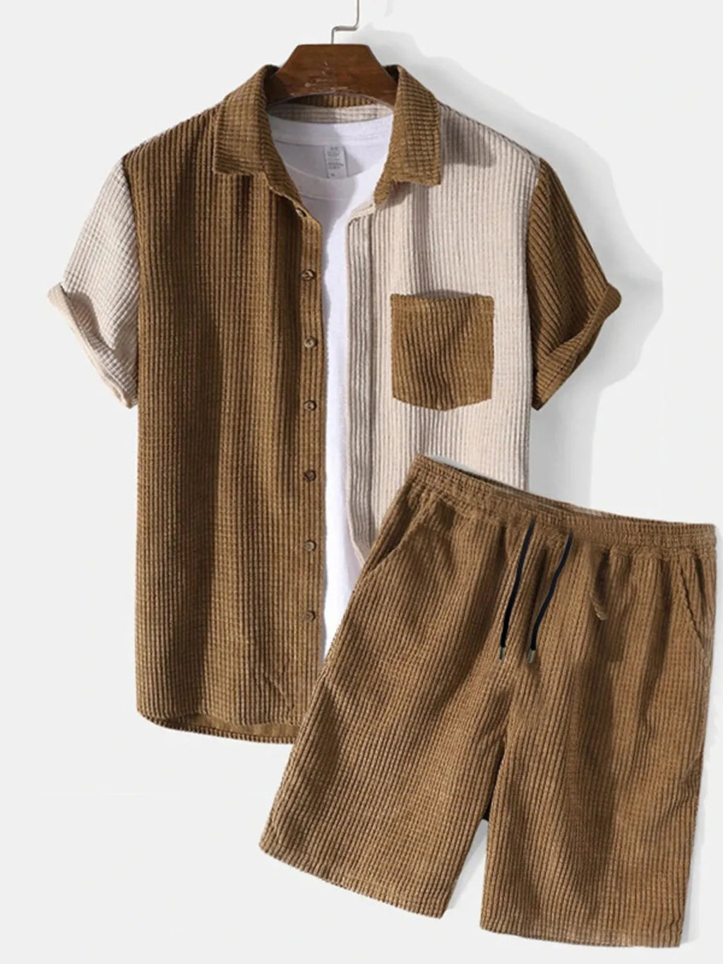 men's men's full size color block button up shirt and shorts set plus size - main product image