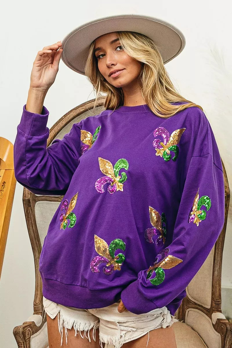 women's bibi fleur de lis sequin patches mardi gras sweatshirt - styling option