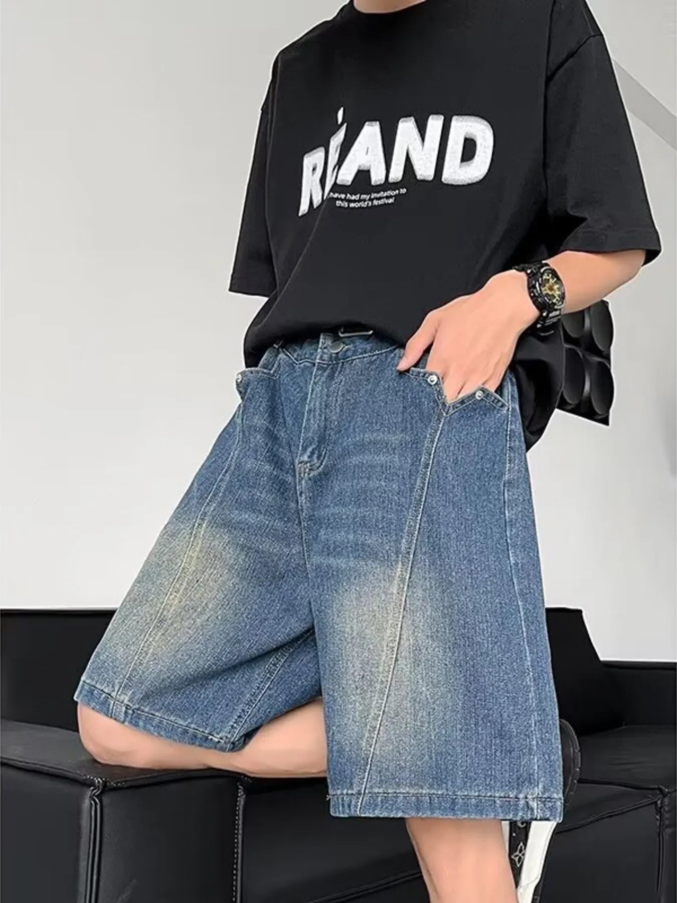 men's men's plus size vintage wash loose fit denim shorts - additional image