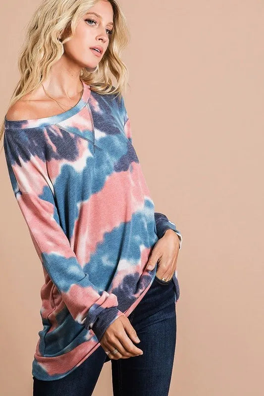 bibi tie dye french terry pull over with front stitching detail - product detail