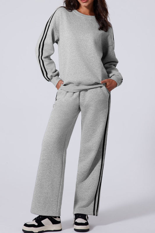 Side Striped Round Neck Top and Pants Active Set Light Gray