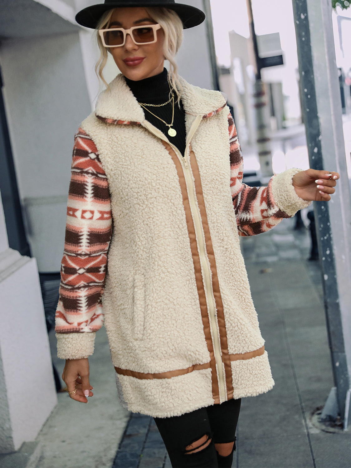 longline winter jacket for women walking through snow