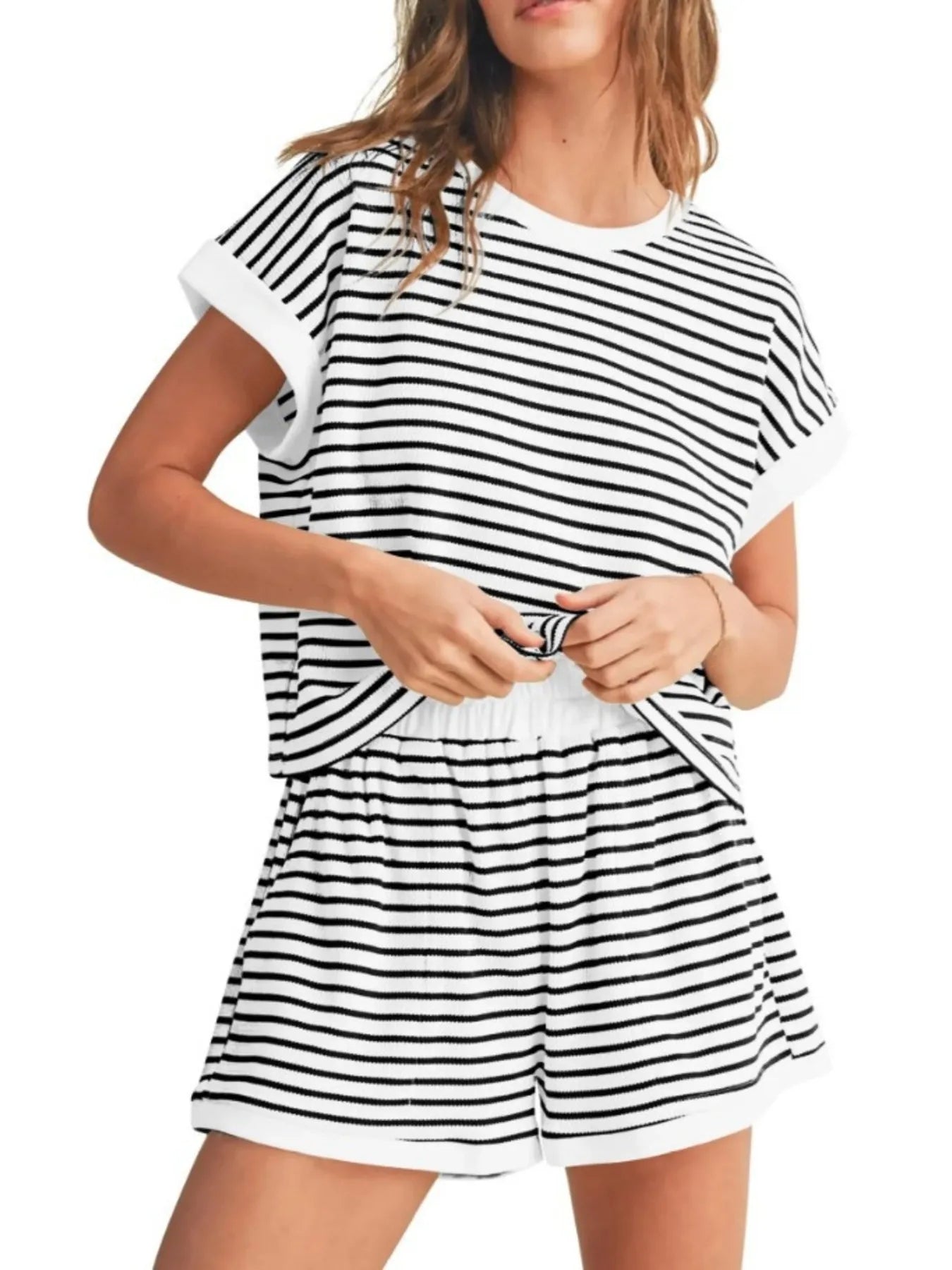 Full Size Contrast Striped T-Shirt and Shorts Set Plus Size Black Stripes On White Background
