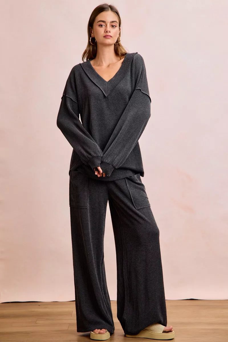 women's bibi two tone cord rib contrast stitching v-neck top and pants set - additional image