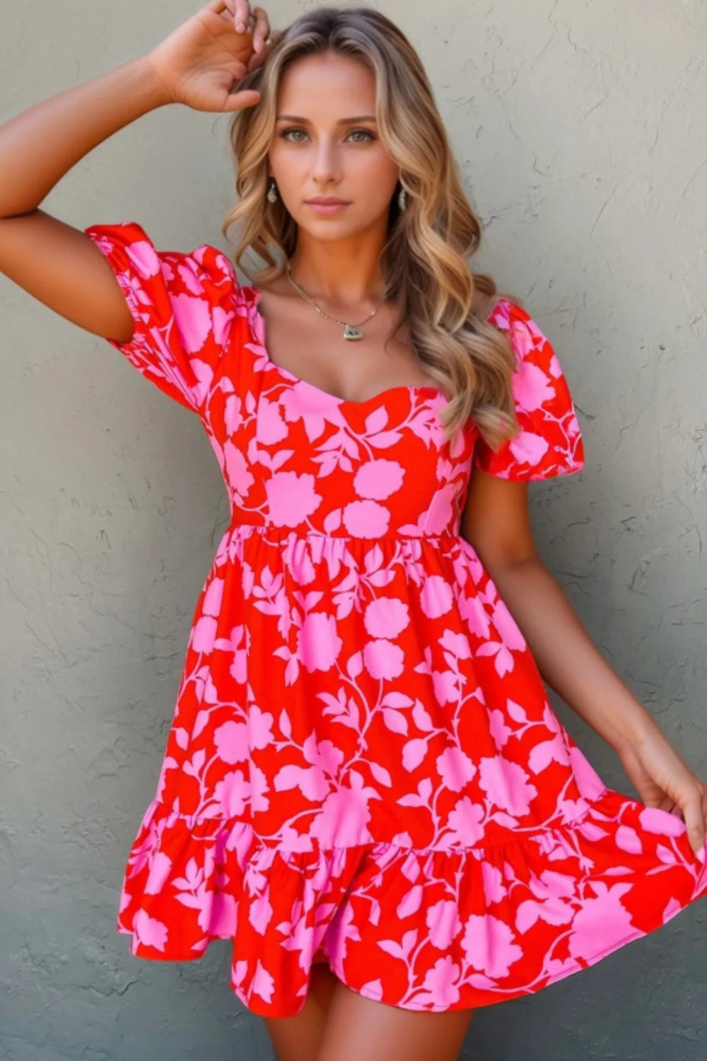 women's floral puff sleeve sweetheart neck ruffled mini dress - front view