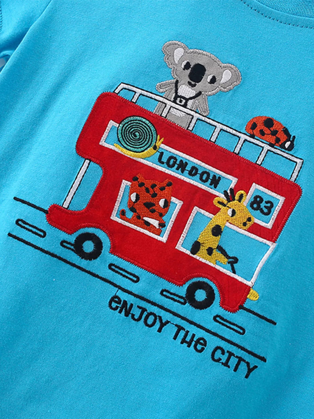 women's children's cartoon bus embroidery short sleeve t-shirt - lifestyle shot