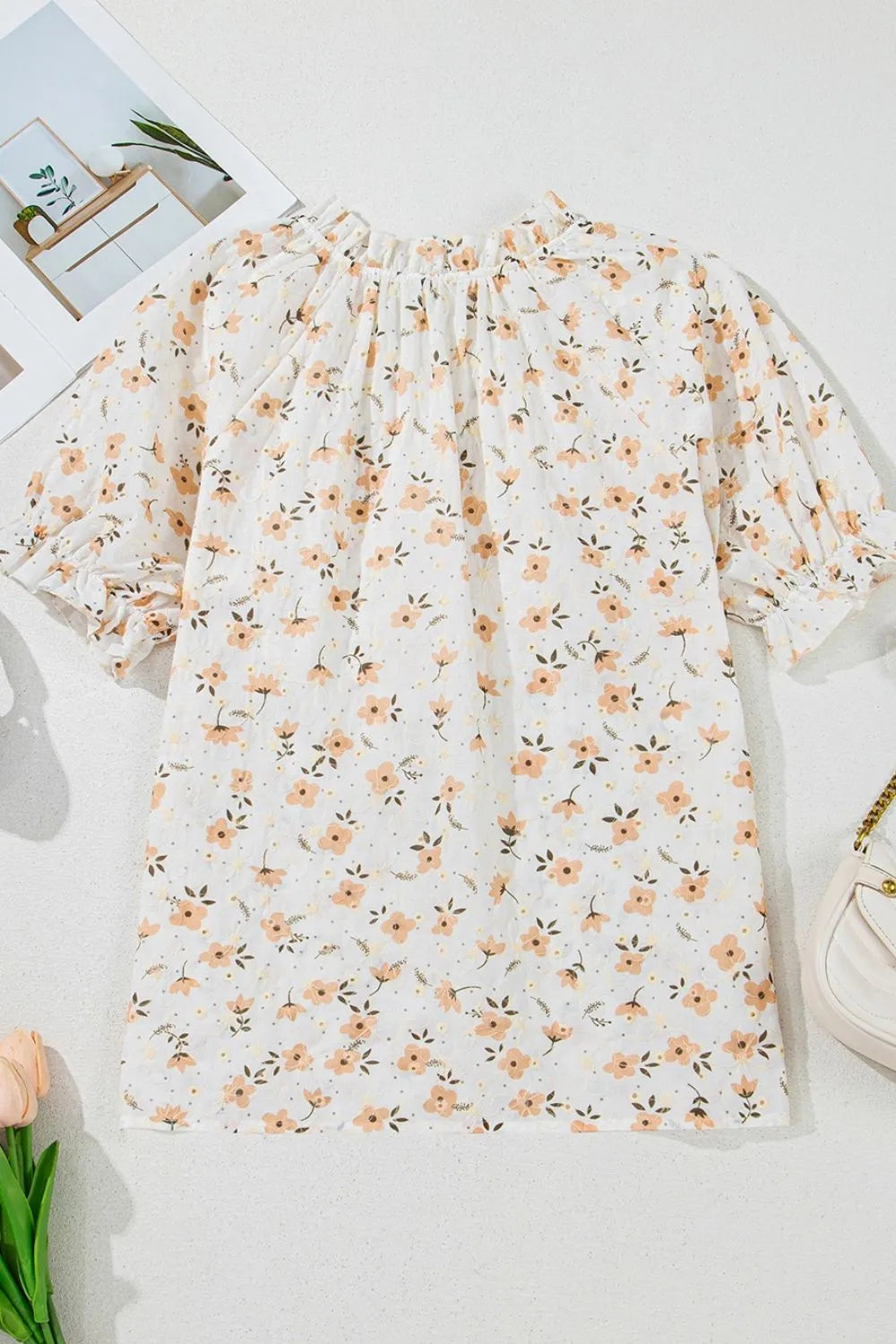 Frill Printed Notched Short Sleeve Blouse