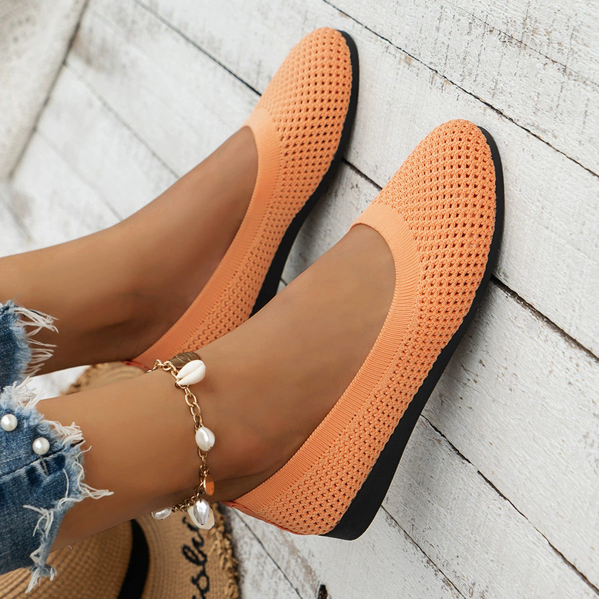 Solid Color Mesh Flat Slip-Ons Tangerine