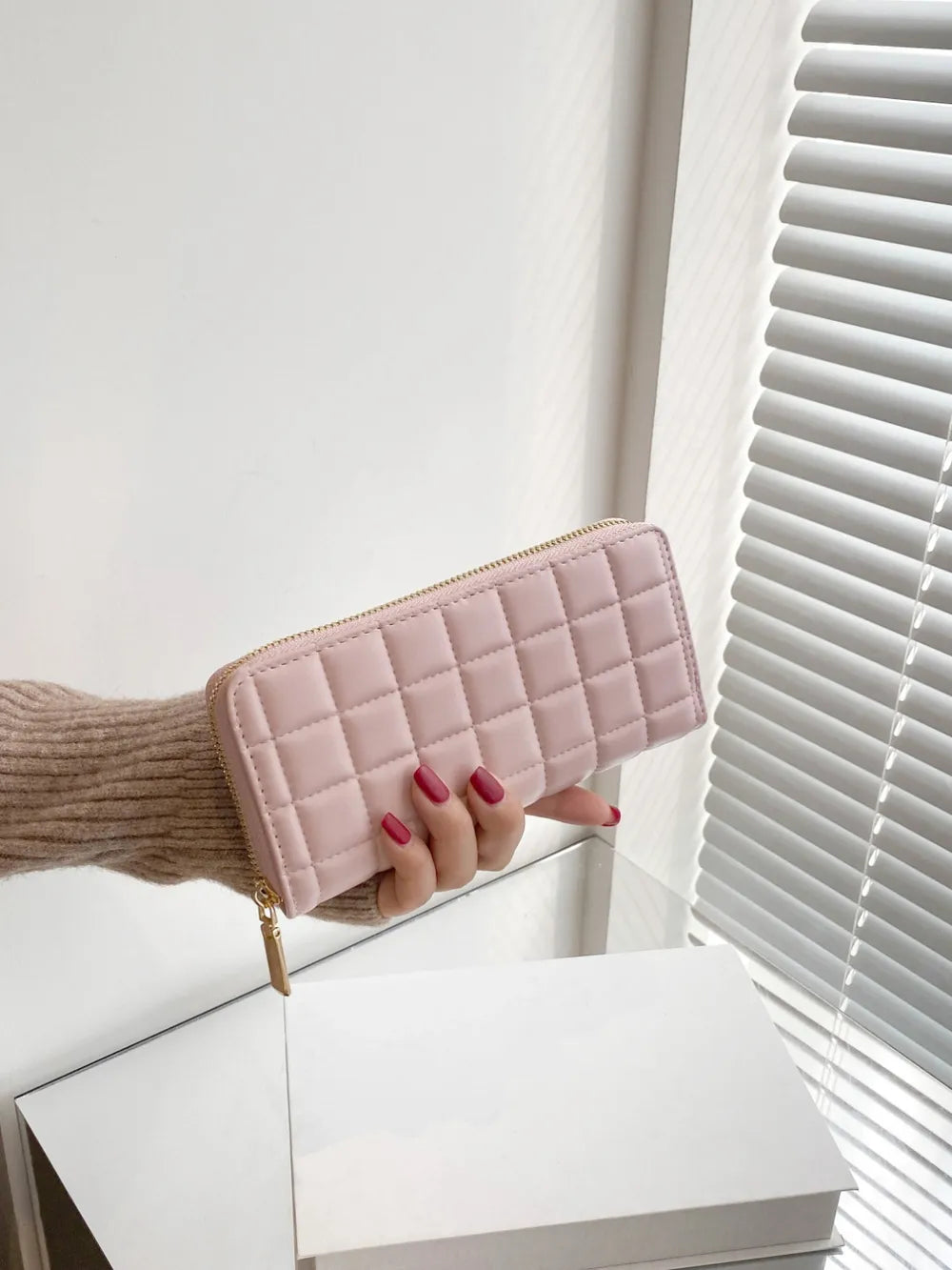 PU Leather Solid Color Wallet Blush Pink One Size