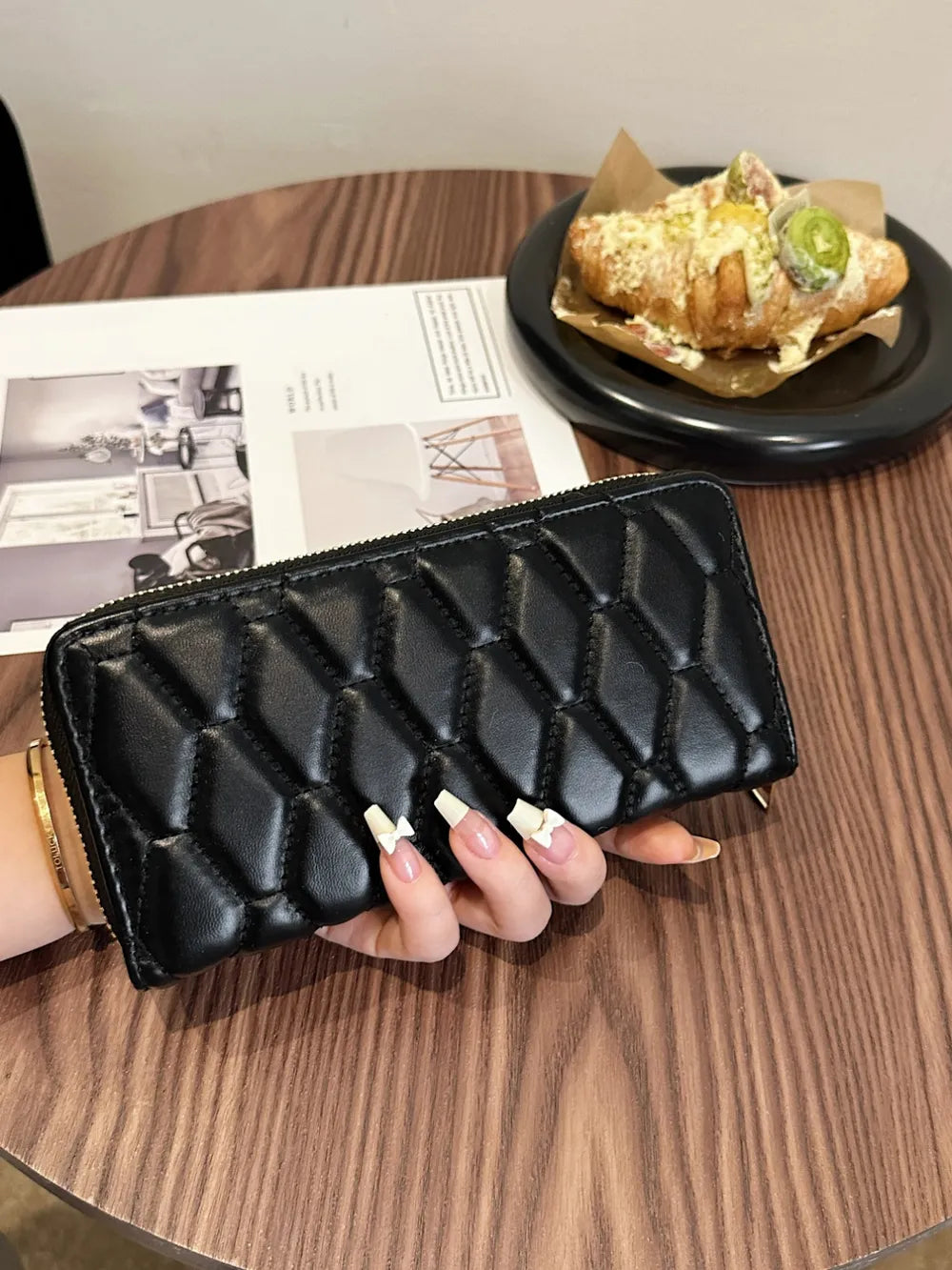 PU Leather Solid Color Wallet Black Hexagon One Size
