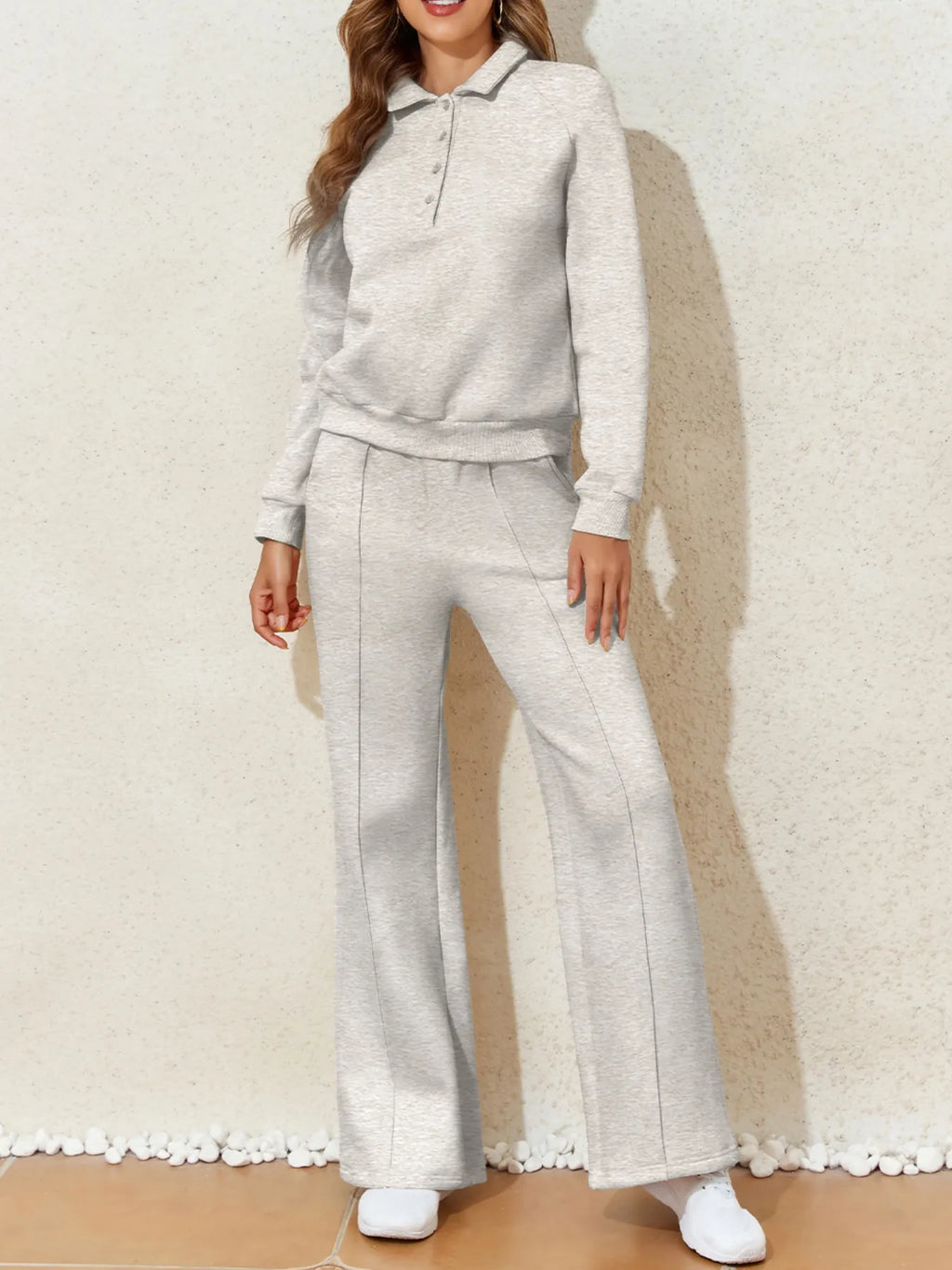 women's collared sweatshirt and high waist pants active set - back view