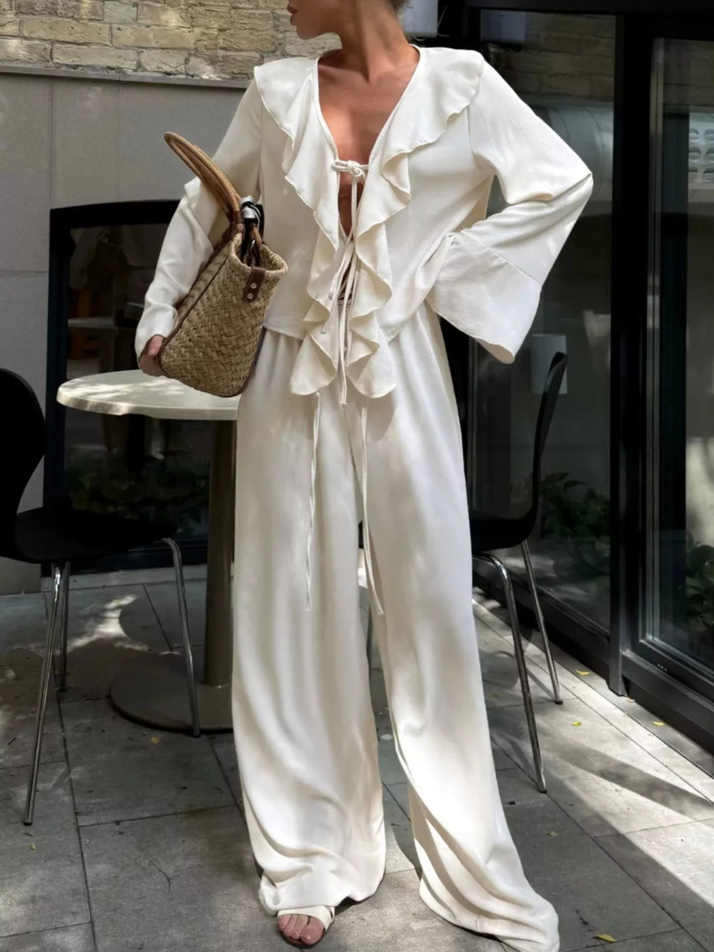 women's ruffle trim tie front top and pants set - side view