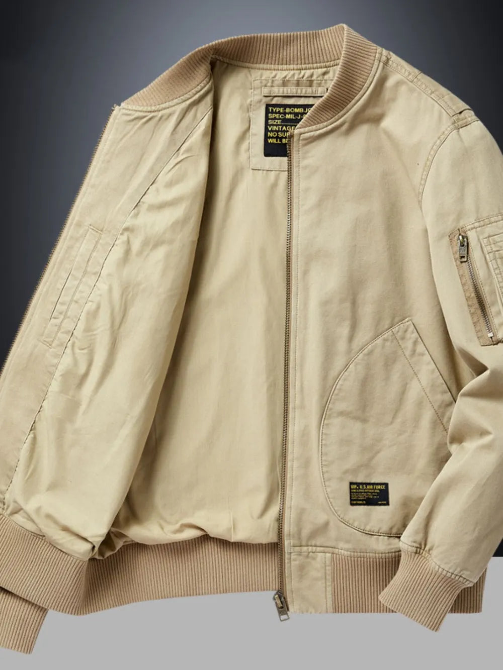 Men's Plus Size Zip Up Baseball Collar Bomber Jacket Khaki