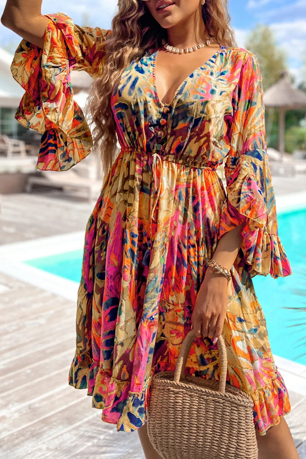 Printed Flare Sleeve Ruffled Hem Dress Floral
