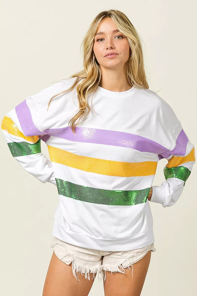 women's bibi sequin mardi gras striped round neck sweatshirt - additional image