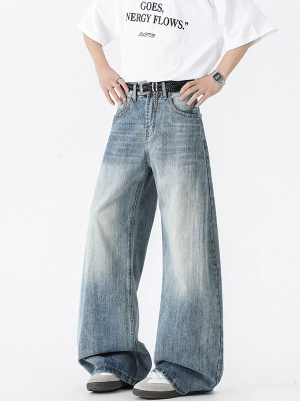 men's men's vintage wash wide leg jeans - front view