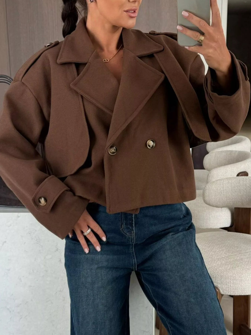 women's double-breasted cropped outerwear - lifestyle shot