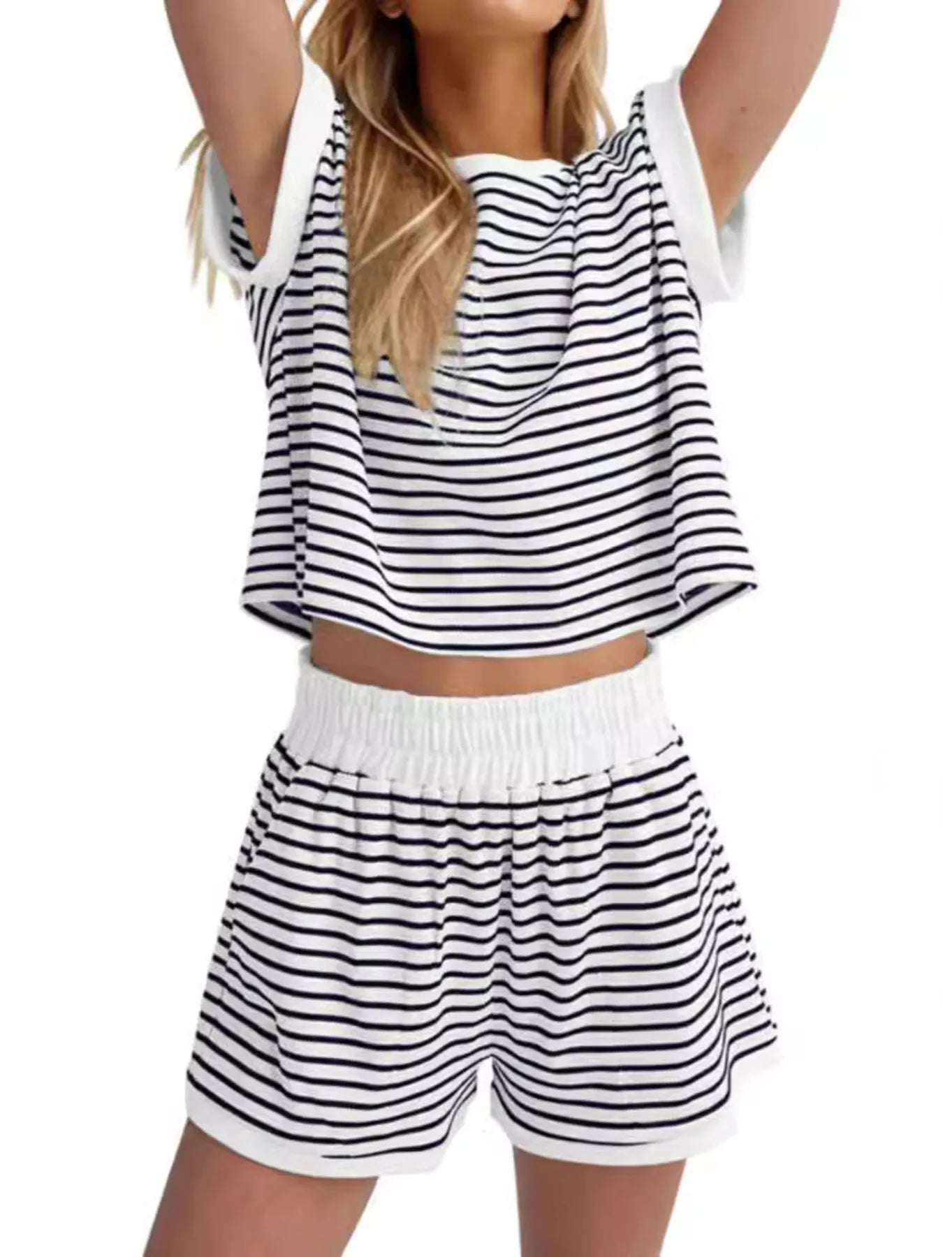 Full Size Contrast Striped T-Shirt and Shorts Set Plus Size