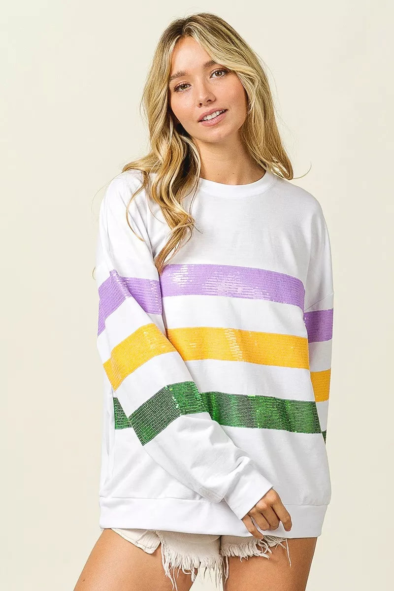 women's bibi sequin mardi gras striped round neck sweatshirt - additional image